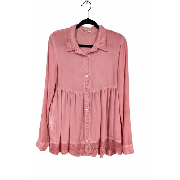 2Love Tops - 2Love Medium Pink Babydoll Tunic Blouse Lace Hem Boho Cottagecore Button Front